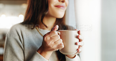 Buy stock photo Coffee, hands and smile of woman at window in living room of home for start of morning or weekend. Drink, reflection and thinking with happy person closeup in apartment for future, memory or vision