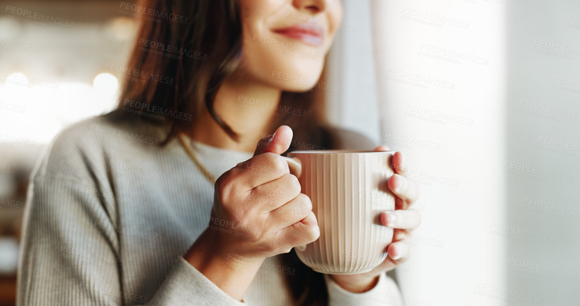 Buy stock photo Coffee, hands and smile of woman at window in living room of home for start of morning or weekend. Drink, reflection and thinking with happy person closeup in apartment for future, memory or vision