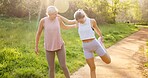 Fitness, stretching and mother with girl in park for workout, outdoor exercise and wellness for health. Mature mom, daughter or women in nature for training, sports routine or warm up in Australia