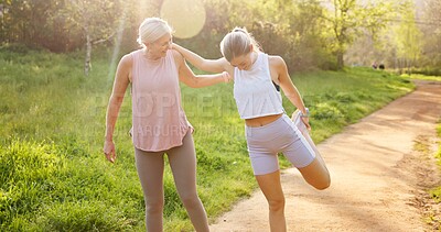 Buy stock photo Fitness, stretching and mother with girl in park for workout, outdoor exercise and wellness for health. Mature mom, daughter or women in nature for training, sports routine or warm up in Australia