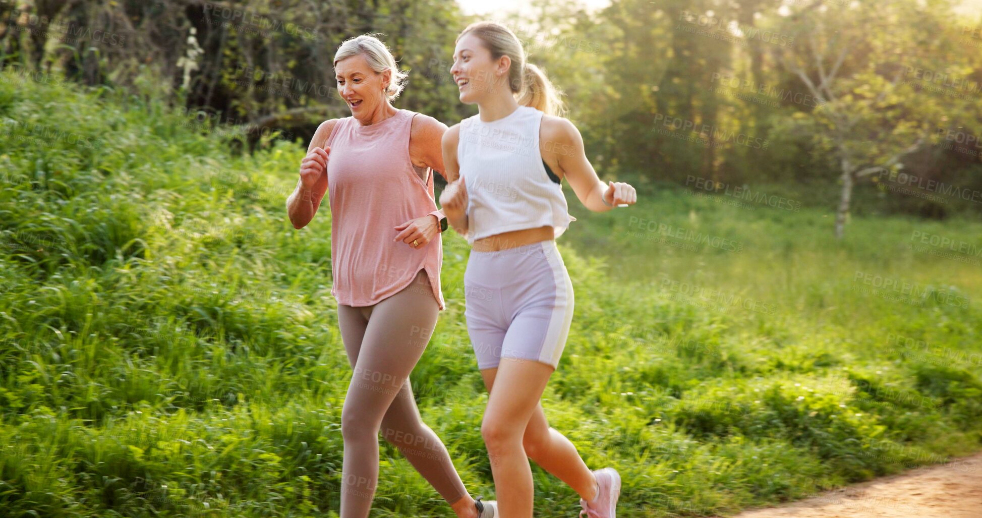 Buy stock photo Fitness, running and mother with girl in park for workout, outdoor exercise and wellness for energy. Mature mom, daughter or happy women in nature for training, sports or cardio health in Australia