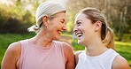 Fitness, laughing and mom with girl in park for workout, outdoor exercise or wellness for health. Mature mother, daughter or happy women in nature for training, sports routine or bonding in Australia