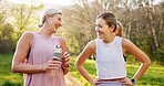 Fitness, laughing and mother and girl in park for workout, outdoor exercise and wellness for health. Mature mom, daughter or happy women in nature for training, sports routine or warm up in Australia