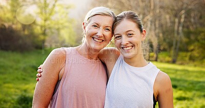 Buy stock photo Fitness, portrait and mother with girl in nature for workout, outdoor exercise and wellness for health. Mature mom, daughter or women hug in park for training, sports routine or warm up in Australia