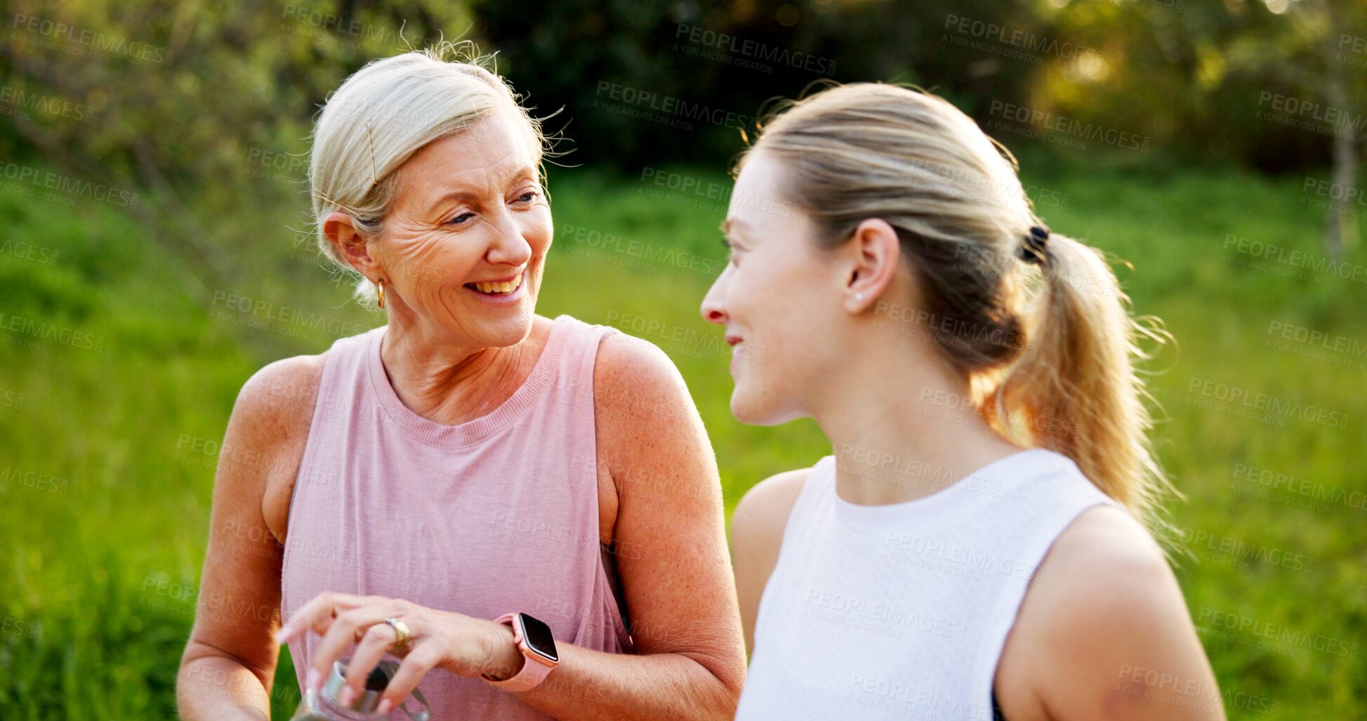 Buy stock photo Fitness, talking or mother with girl in park for workout, outdoor exercise or wellness for health. Mature mom, daughter or women bonding in nature for training, sports routine or warm up in Australia