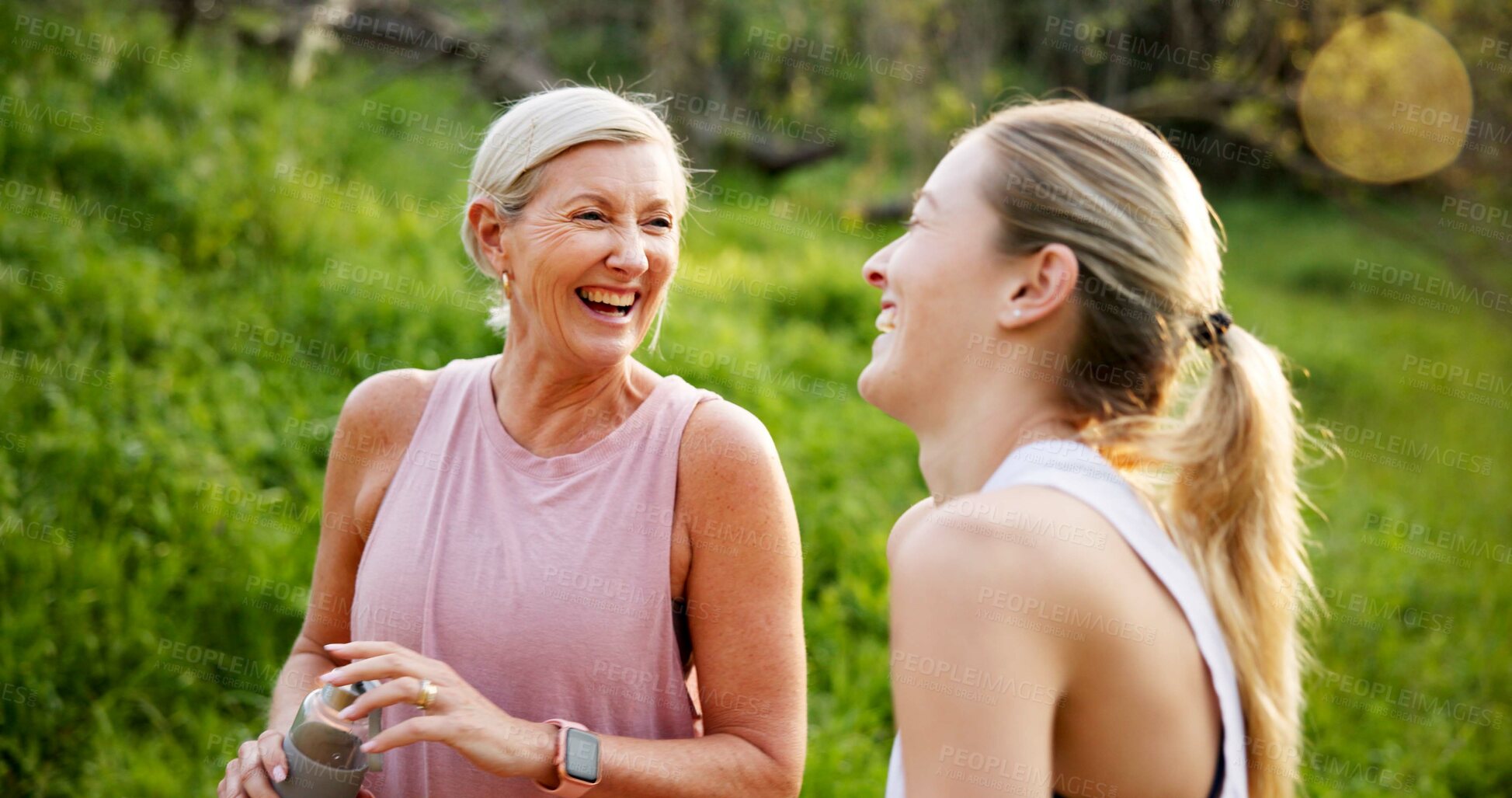 Buy stock photo Fitness, laughing and mom with girl in nature for workout, outdoor exercise or wellness for health. Mature mother, daughter or happy women in park for training, sports routine or bonding in Australia