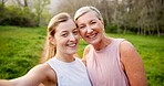 Mother, daughter or portrait with selfie in nature for hiking adventure, profile picture update or social media post. Happy family, woman or girl with photography in forest for cardio workout or walk