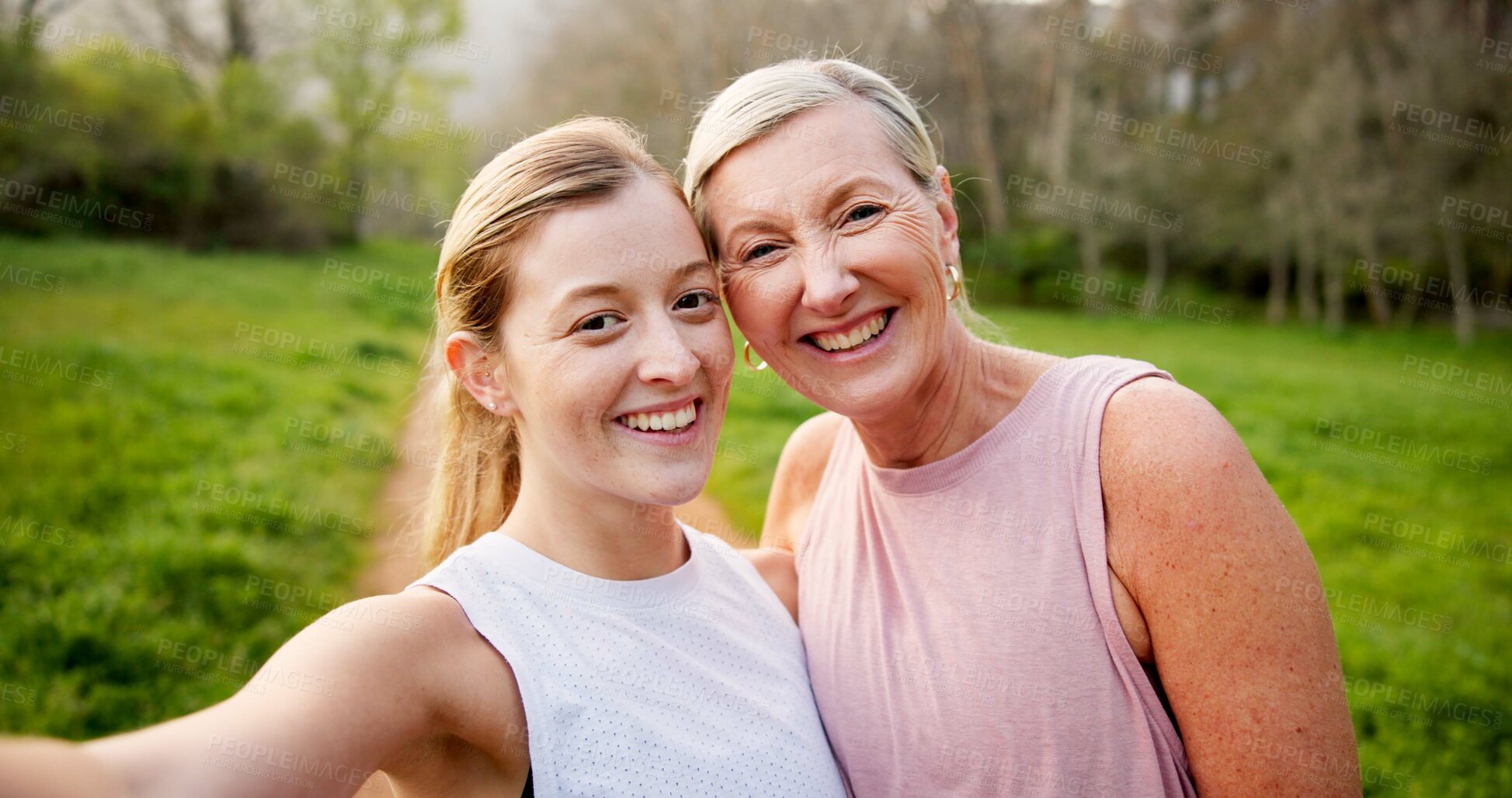 Buy stock photo Mother, daughter or portrait with selfie in nature for hiking adventure, profile picture update or social media post. Happy family, woman or girl with photography in forest for exercise outdoor