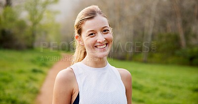 Buy stock photo Happy, fitness and portrait of woman in nature for running, exercise or training for marathon. Smile, sports and female athlete from Canada outdoor in park for cardio, health or endurance workout.