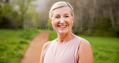 Buy stock photo Happy, fitness and portrait of senior woman in nature for running, exercise or training for marathon. Smile, sports and elderly female athlete from Canada outdoor in park for cardio or health workout