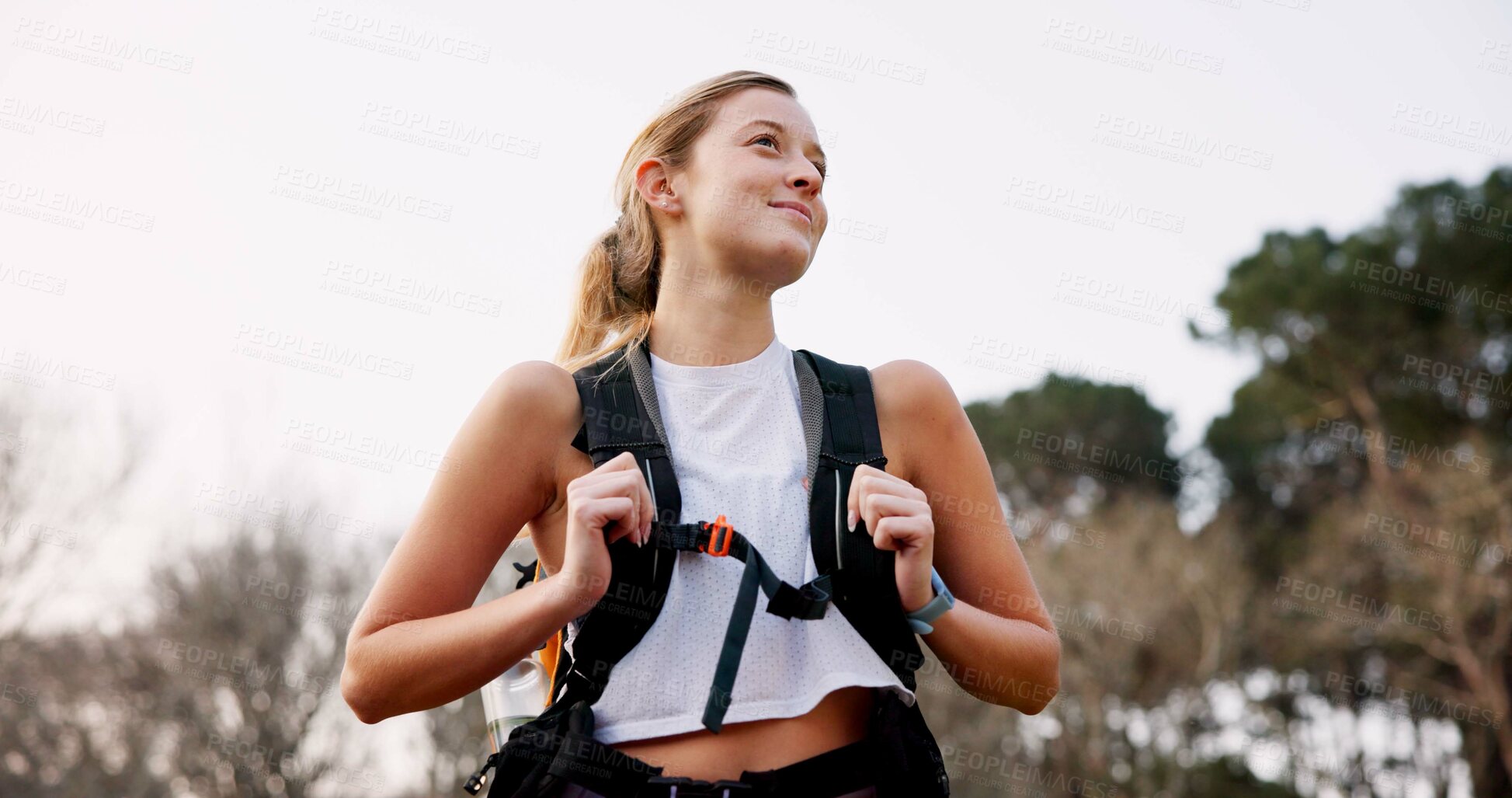 Buy stock photo Nature, thinking and woman hiking in forest for adventure, journey or exploring on vacation. Outdoor, backpacking and female person in woods planning trail for exercise, hobby or travel on holiday.