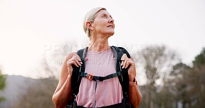 Buy stock photo Nature, thinking and senior woman backpacking in forest for adventure, journey or exploring on vacation. Outdoor, hiking and person in woods for exercise, hobby or travel on weekend trip or holiday.