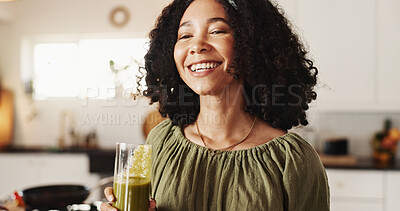 Buy stock photo Woman, home and happy with green smoothie on glass for health, nutrition and diet. Female person, nutritionist and smile at kitchen with juice for supplements, detox and vitamins for wellbeing