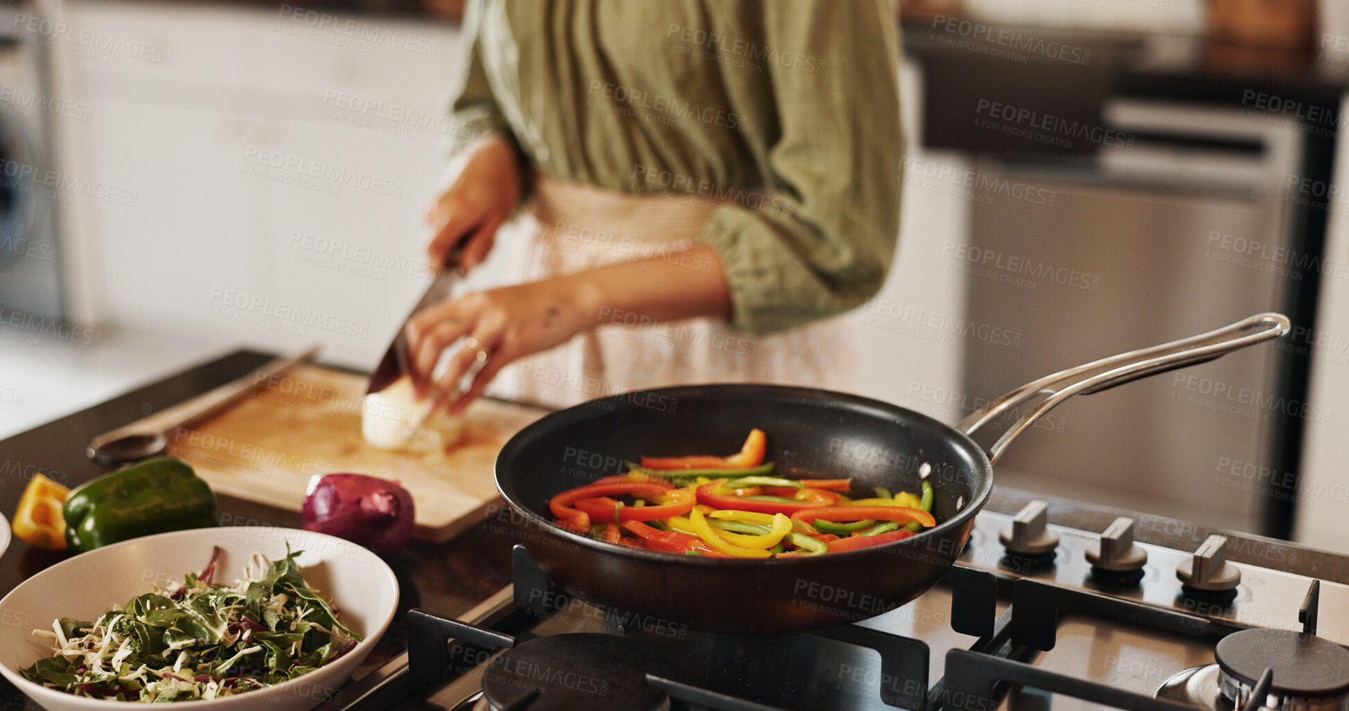 Buy stock photo Woman, hands and meal prep with pan for stir fry, food or vegetables in kitchen at home. Closeup, female person and cutting with organic ingredients for nutrition, diet or healthy recipe on stove