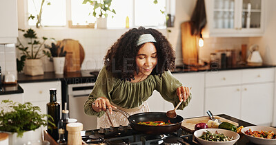 Buy stock photo Happy woman, cooking and meal prep with pan for stir fry, food or vegetables in kitchen at home. Female person, smell and organic ingredients with smile on stove for nutrition, diet or healthy recipe