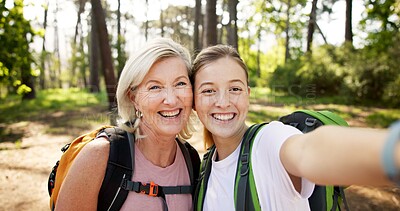 Buy stock photo Nature, hiking and women in portrait for selfie, document memory and bonding for profile picture. Outdoor, senior mother and daughter with photography for social media, fitness experience or wellness