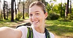 Nature, hiking and woman in portrait for selfie, document memory and explore for profile picture. Outdoor, female person and hiker with photography for social media, fitness experience and wellness