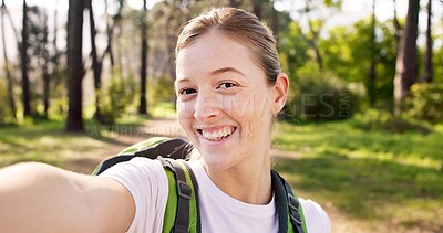 Buy stock photo Nature, hiking and woman in portrait for selfie, document memory and explore for profile picture. Outdoor, female person and hiker with photography for social media, fitness experience and wellness