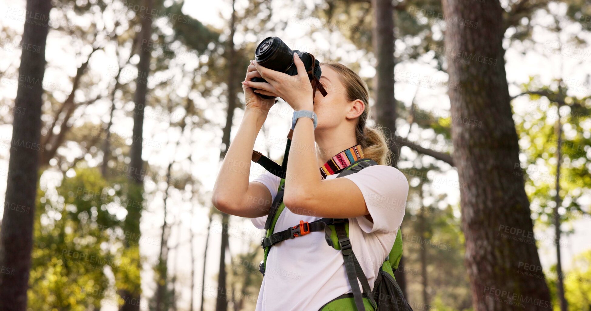 Buy stock photo Nature, hiker and woman with camera for photography, adventure and capture memory with sightseeing. Hiking, female person and photographer for travel magazine with shooting lens, picture or equipment