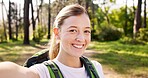 Nature, hiker and woman in portrait for selfie, document memory and explore for profile picture. Outdoor, female person and hiking with photography for social media, fitness experience and wellness