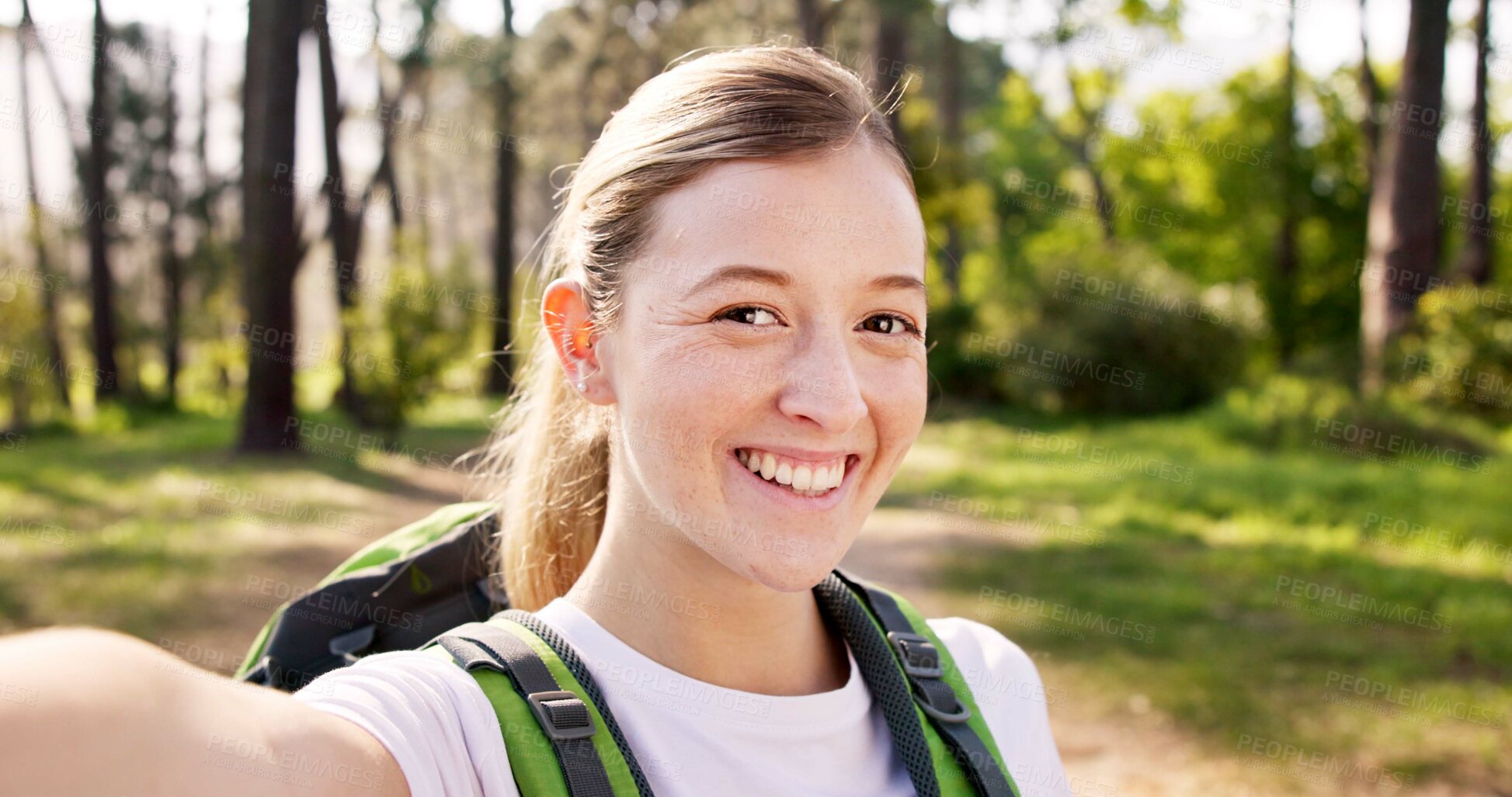 Buy stock photo Nature, hiker and woman in portrait for selfie, document memory and explore for profile picture. Outdoor, female person and hiking with photography for social media, fitness experience and wellness