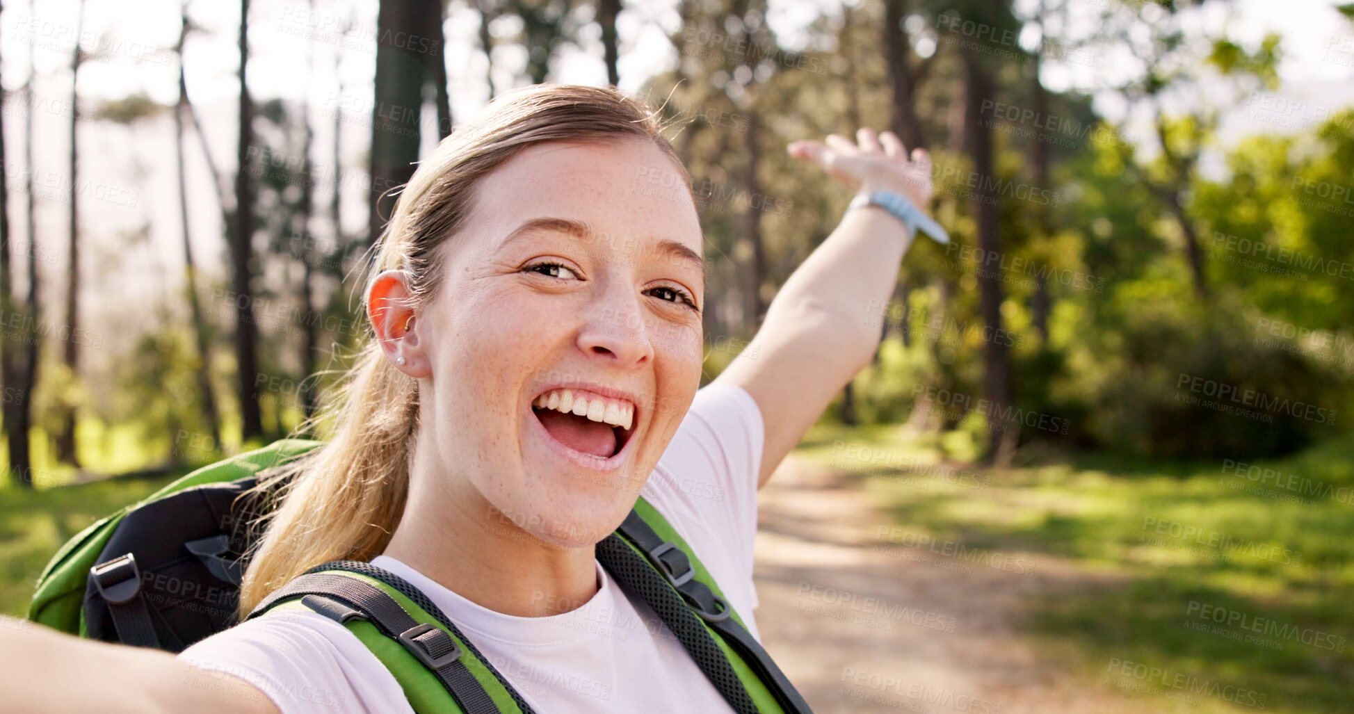 Buy stock photo Happy woman, portrait and hiking with backpack for selfie, travel memory or adventure on outdoor journey in nature. Female person, influencer or smile with bag for fitness, camp or trekking in woods