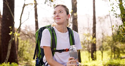 Buy stock photo Nature, thinking and woman with water for hiking, hydration and wellness on fitness break with smile. Outdoor, female person and hiker on adventure with h2o liquid, thirsty and beverage for drinking