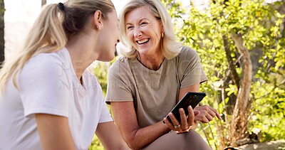 Buy stock photo Mother, adult daughter and smartphone with nature, lost or fitness with vacation, bonding together and network. Travel, outdoor or hiker with mama, cellphone and woods with digital app or direction