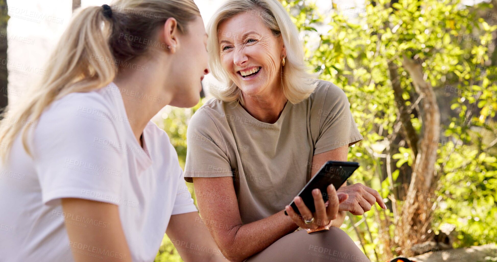 Buy stock photo Mother, adult daughter and smartphone with nature, lost or fitness with vacation, bonding together and network. Travel, outdoor or hiker with mama, cellphone and woods with digital app or direction