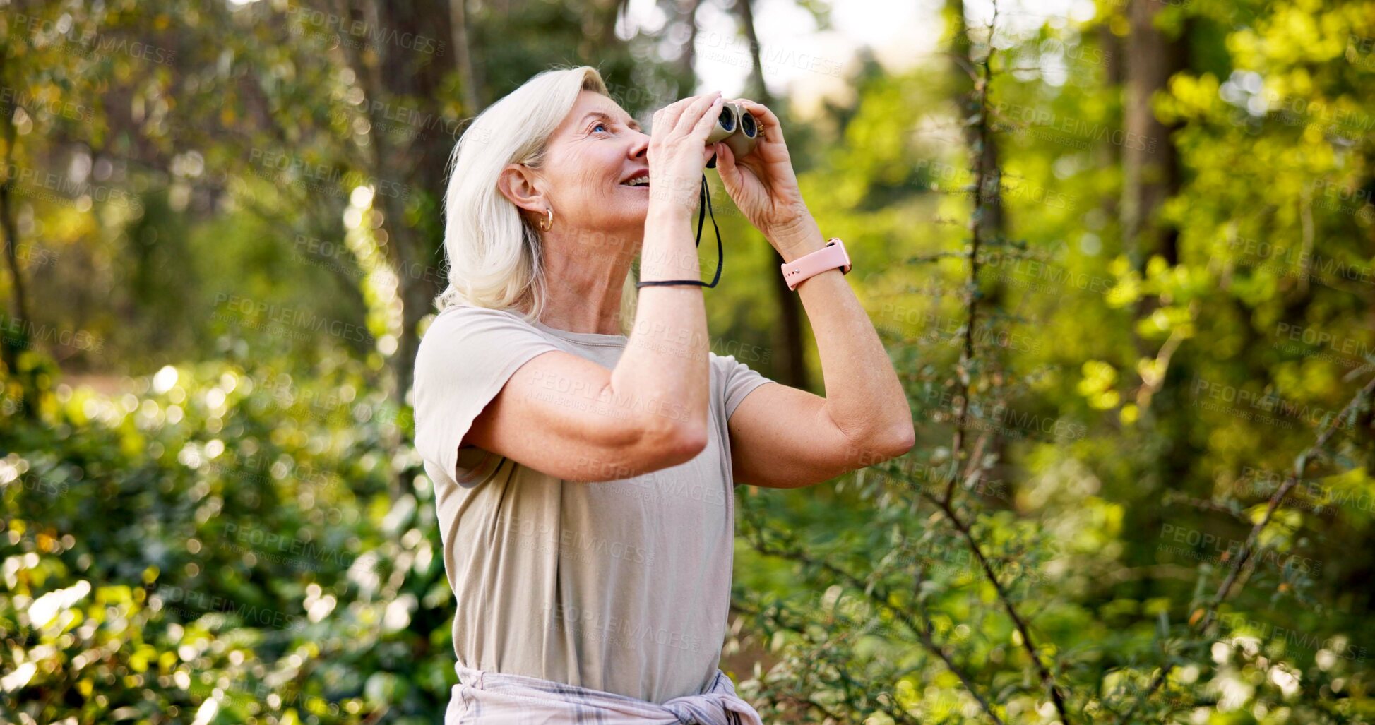 Buy stock photo Hiking, binoculars and mature woman in forest for adventure guide, wildlife conservationist and trekking. National park, environment and birdwatching with person explore in nature for field research