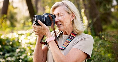 Buy stock photo Hiking, camera and mature woman in forest for adventure guide, wildlife photography and trekking. National park, environment and birdwatching with person explore in nature for field research