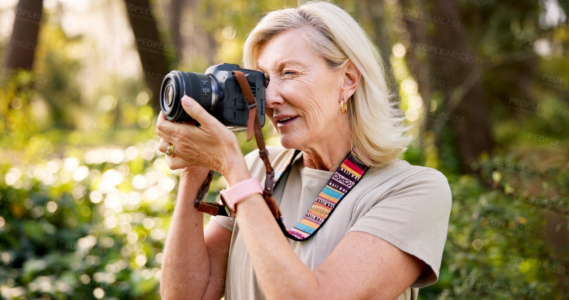 Buy stock photo Hiking, camera and mature woman in forest for adventure guide, wildlife photography and trekking. National park, environment and birdwatching with person explore in nature for field research