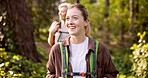 Happy woman, hiking or forest with backpack for adventure, sightseeing or travel in nature. Female people, hiker or friends with smile, bag or equipment for outdoor trekking journey together in woods