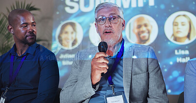 Buy stock photo Seminar, event and keynote speaker with business people and technology for networking, industry panel and summit. Convention, stage and ai ethics with conference for audience, showcase or news