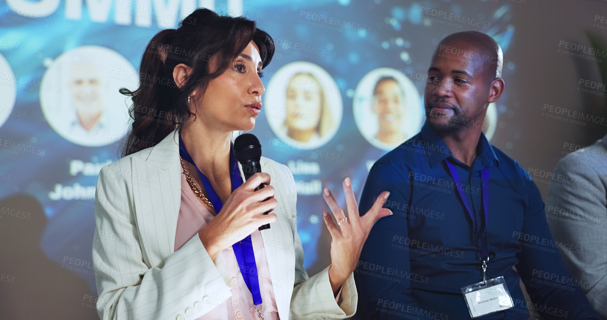 Buy stock photo Stage, seminar and microphone with business people and technology for networking, industry panel and keynote speaker. Hackathon, summit and ai ethics with speech for audience, event showcase and news