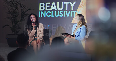 Buy stock photo Presentation, beauty conference and women on a stage for discussion, interview and speech. Public speaker, audience inclusivity and host panel of people in seminar, cosmetics tradeshow or convention