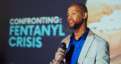 Buy stock photo Man, presentation and speech at conference for fentanyl, drugs and pharmaceutical with microphone on stage. Person, speaker and information for pills, talking and addiction crisis at convention