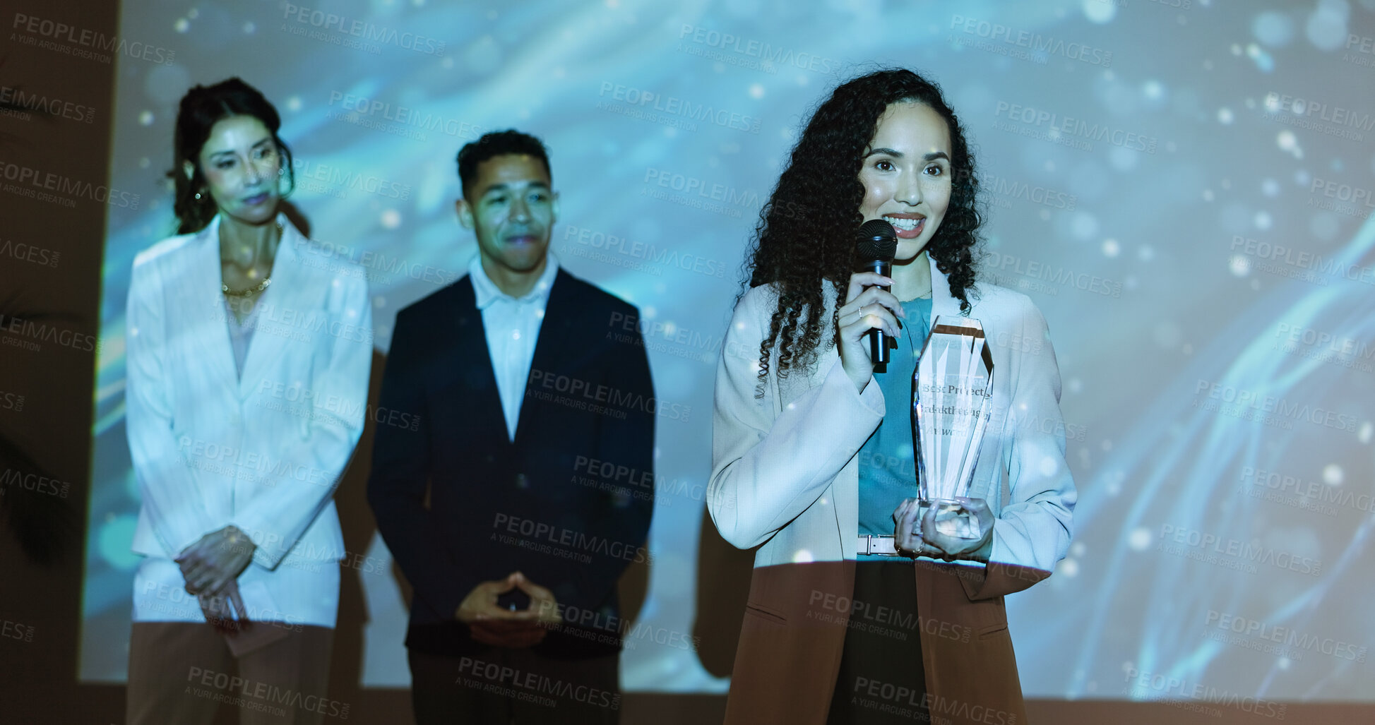 Buy stock photo Presentation, winner and business people with award on a stage at tradeshow, convention and conference. Public speaking, audience and men and women for achievement, thank you and celebration at event