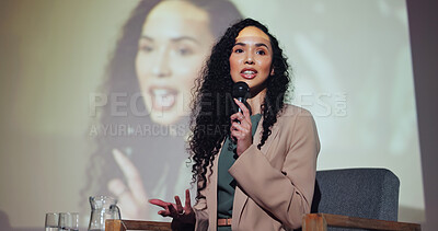 Buy stock photo Business, speaker and woman at seminar with microphone, screen and presentation of corporate ideas. Speech, presenter and businesswoman on stage for conference on development, growth and solution