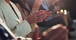 Applause, conference and hands of business people at tradeshow, convention and presentation. Corporate event, audience and men and women clapping for achievement, celebration and congratulations