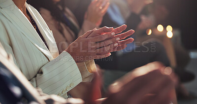 Buy stock photo Applause, conference and hands of business people at tradeshow, convention and presentation. Corporate event, audience and men and women clapping for achievement, celebration and congratulations