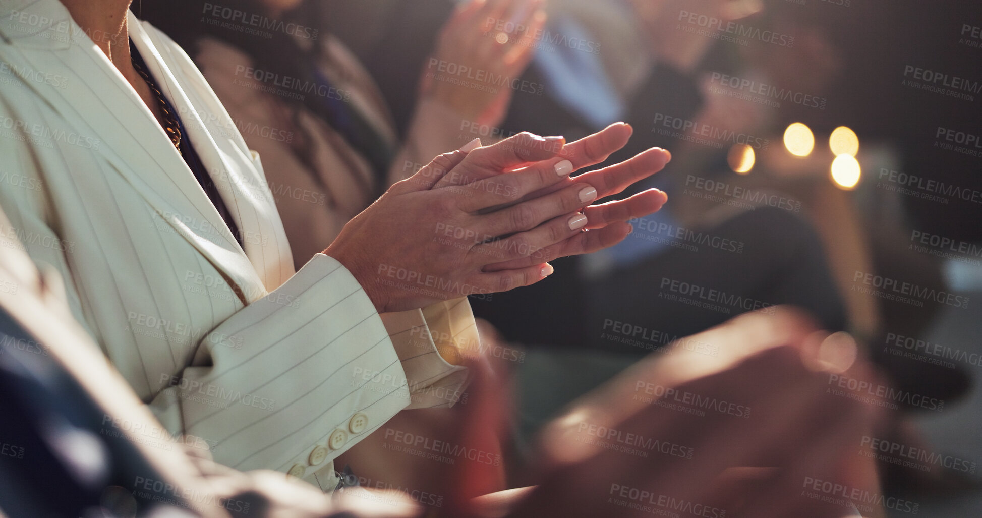 Buy stock photo Applause, conference and hands of business people at tradeshow, convention and presentation. Corporate event, audience and men and women clapping for achievement, celebration and congratulations