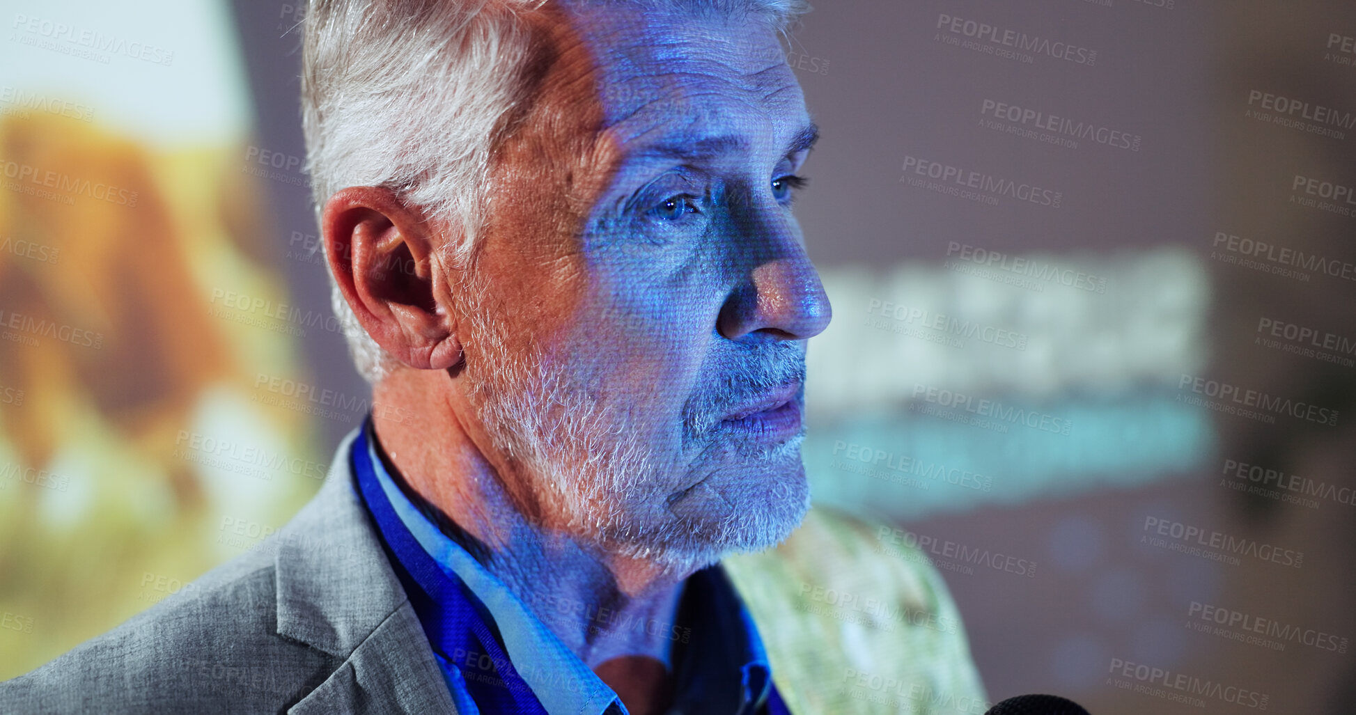 Buy stock photo Business, speaker and mature man at seminar with ideas, presentation and forum for clean energy plan. Climate change, screen and presenter at conference for sustainable solution for global resources