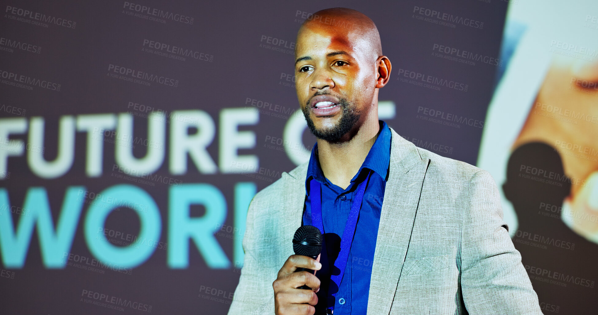 Buy stock photo Stage, speaker and black man at seminar on business transformation, growth and development ideas. Tech, social change and presenter at future of work conference with discussion, planning and progress