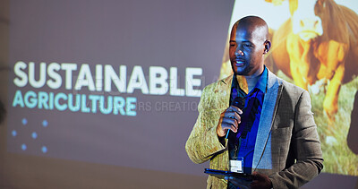 Buy stock photo Presentation, workshop and black man on a stage for agriculture tradeshow, convention and seminar. Public speaker, audience and person with tablet at event for environment, sustainability and farming
