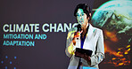 Presentation, conference and woman on a stage for climate change tradeshow, convention and seminar. Public speaking, audience and person on tablet at event for innovation, sustainability and farming