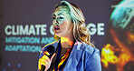 Presentation, convention and woman on a stage for climate change tradeshow, conference and seminar. Public speaking, audience and person with mic at event for innovation, sustainability and farming