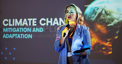 Buy stock photo Presentation, workshop and speaker on a stage for climate change tradeshow, convention and seminar. Public speaking, audience and woman on tablet at event for environment, sustainability and farming