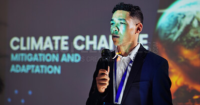 Buy stock photo Presentation, conference and man on a stage for climate change tradeshow, convention and seminar. Public speaking, audience and person with mic at event for environmental crisis and sustainability 