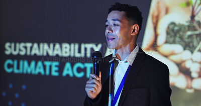 Buy stock photo Presentation, workshop and man on a stage for climate change tradeshow, convention and seminar. Public speaker, audience and person with mic at event for environment crisis, sustainability or ecology